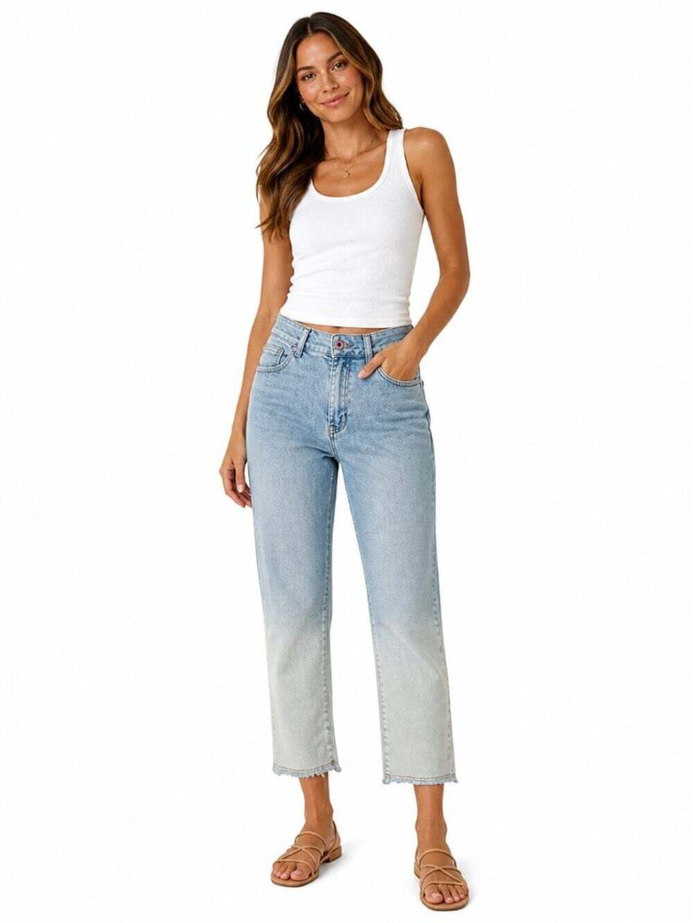 Charlie B Womens Ombre Cropped Jeans Raw Hem Light Wash Denim Wide Leg Size 8